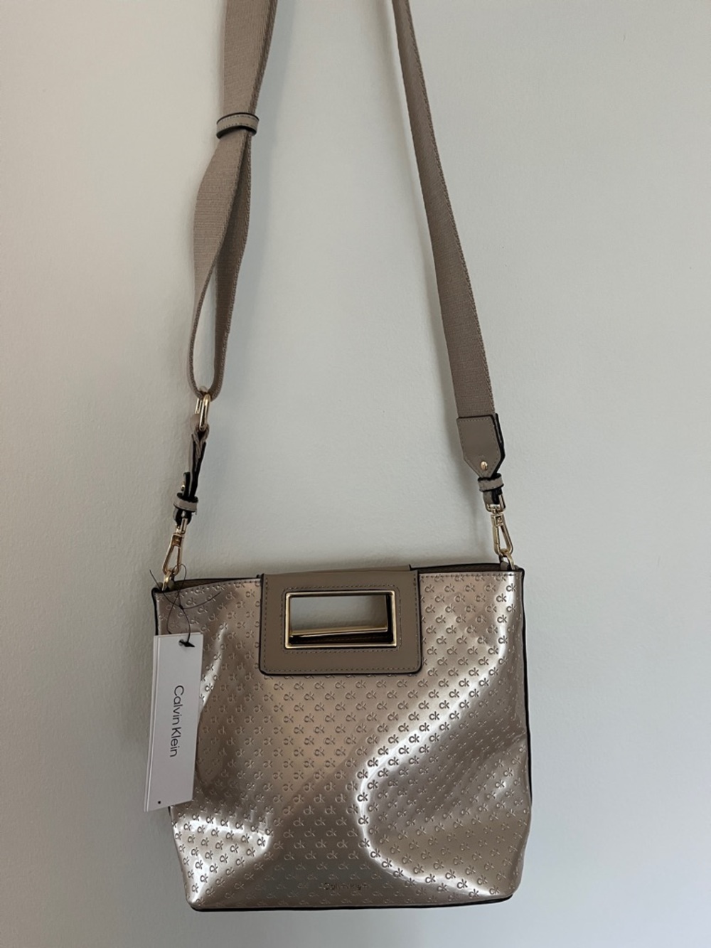 Calvin Klein Metallic Taupe/Pewter Crossbody Bag with Gold Trim